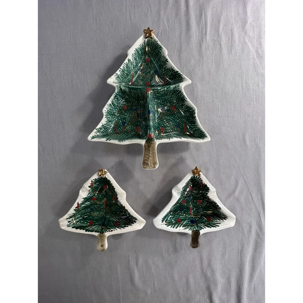 VTG Hand Painted Christmas Trees Italy Numbered each Have Wear Or Chip See Pics‎